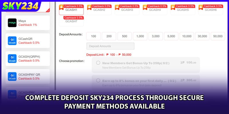 Complete deposit SKY234 process through secure payment methods available
